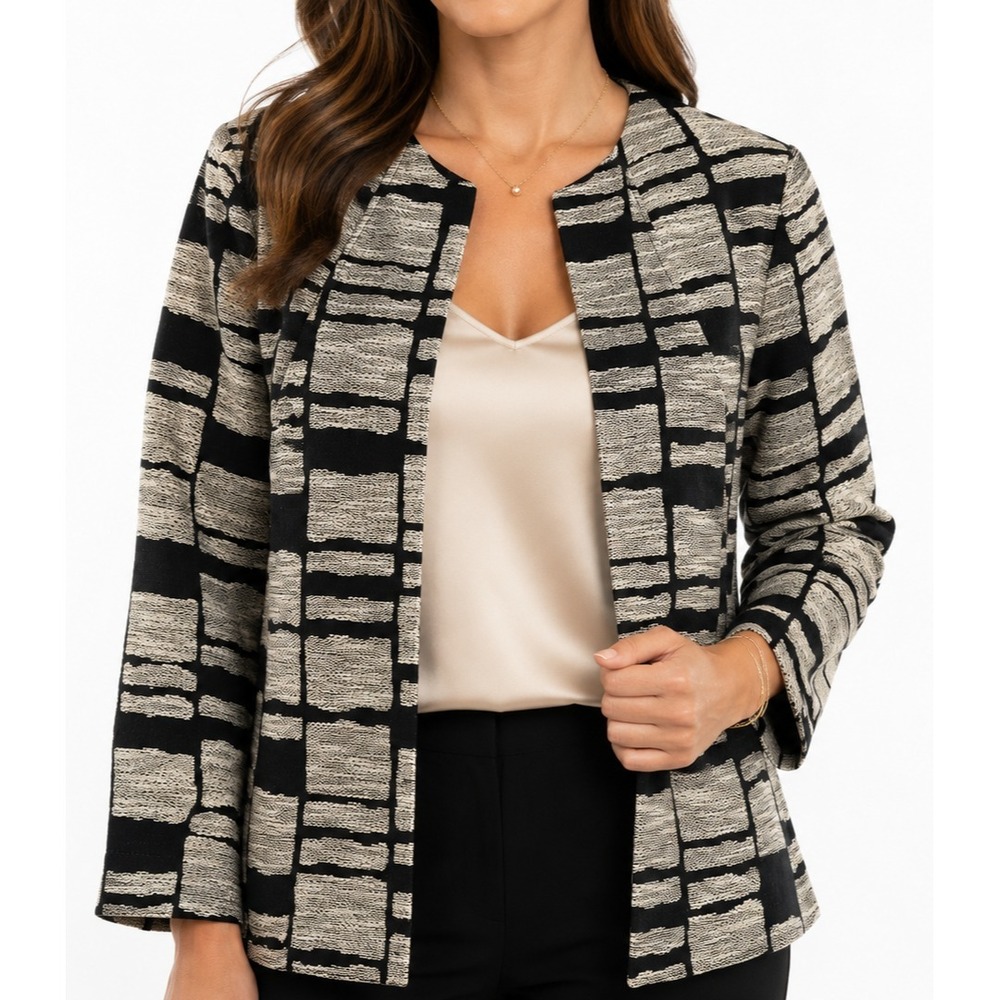 Chico's Textured Open Front Jacket Womens Size Medium  Black Beige Career